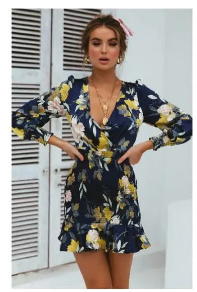 Printed V-Neck Dress with Cross Elastic Waist