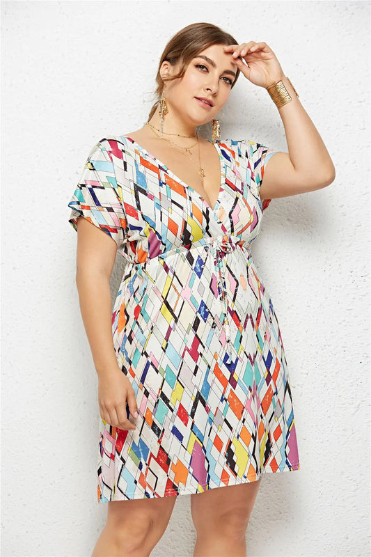 V-Neck Elastic Waist Printed Dress