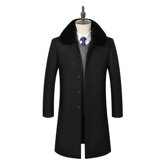 Winter Mid-Length Fleece-Lined Wool Jacket