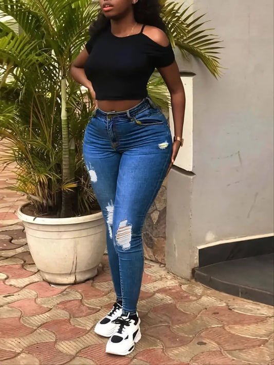 Ripped High Rise Skinny Leg Jeans