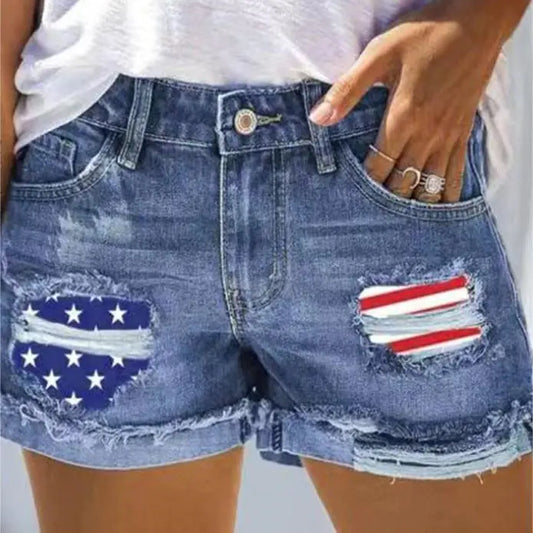 Flag Print Denim Shorts